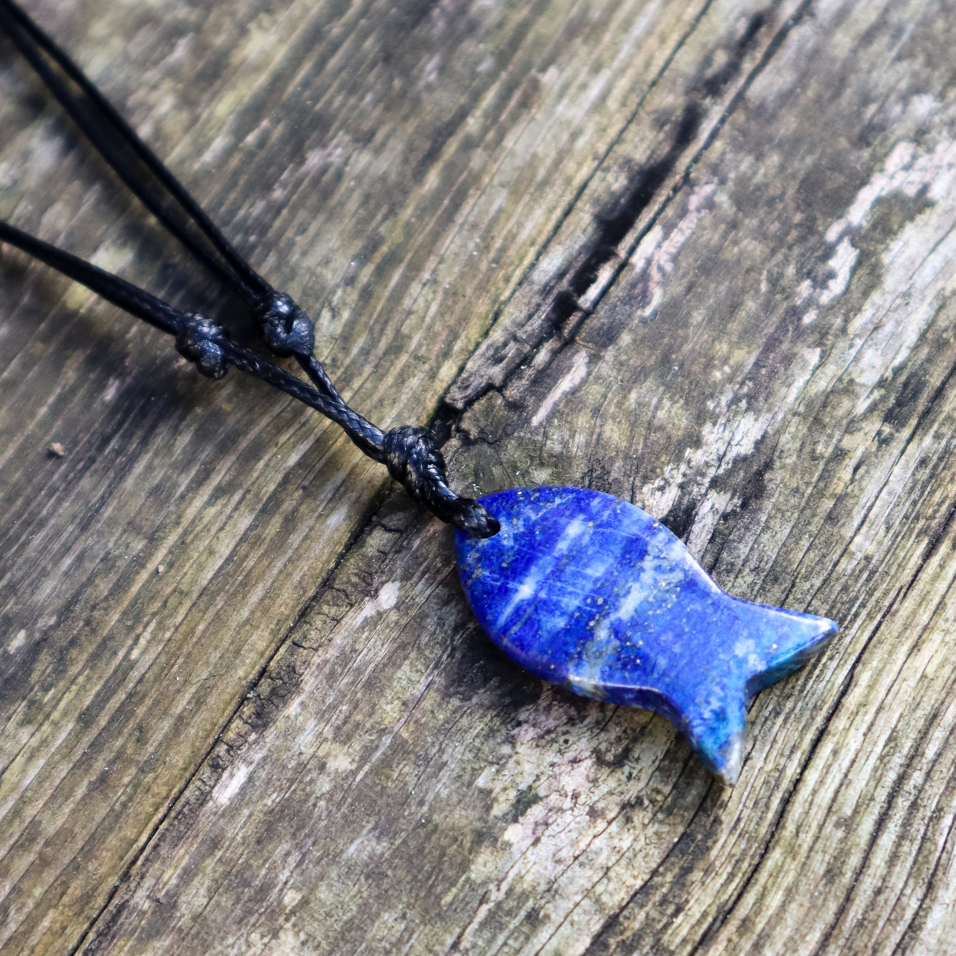 Blue fish-shaped pendant on a black cord against a wooden background