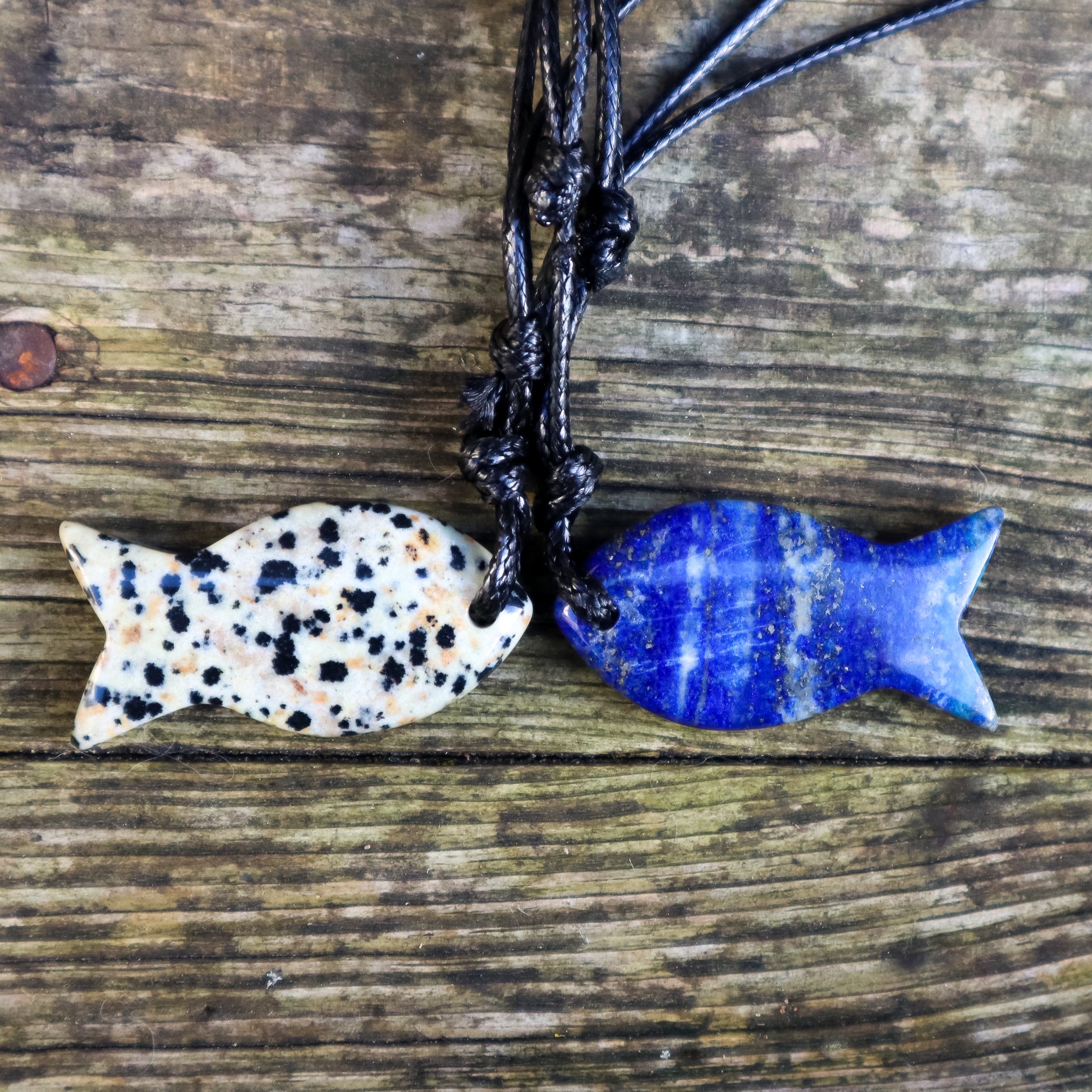 Two fish-shaped pendants on a cord against a wooden background