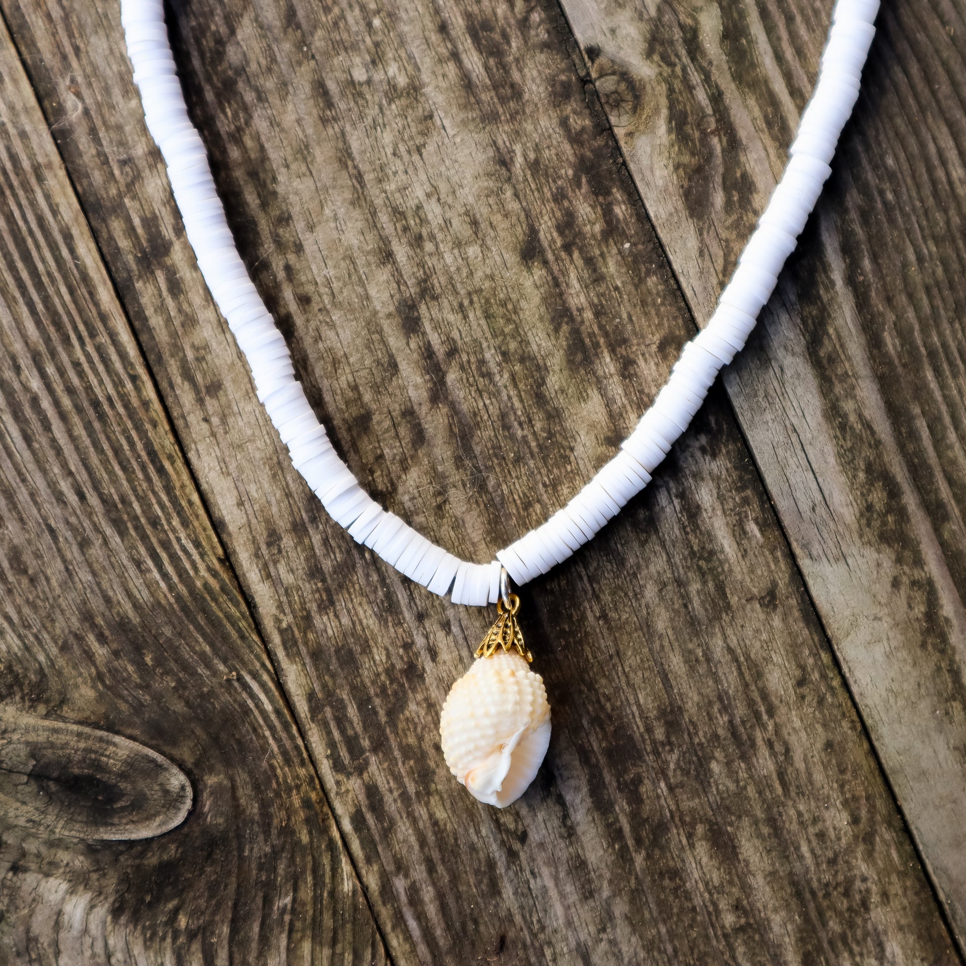 Necklace with a shell pendant on a wooden surface